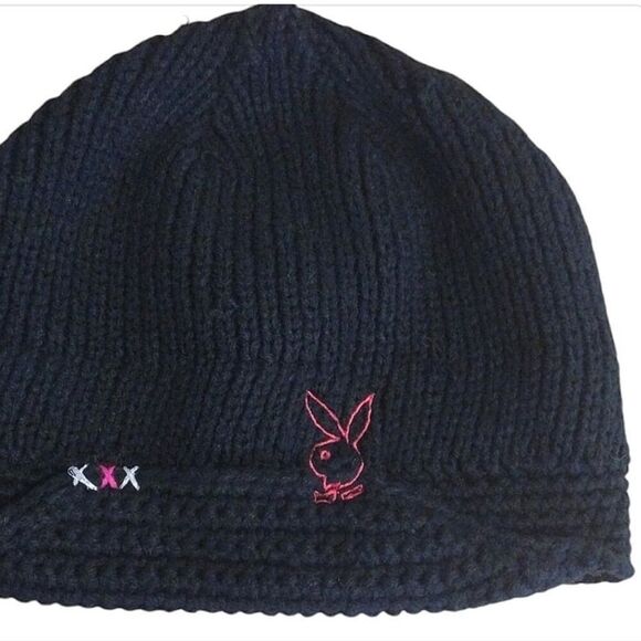 VTG Y2K PLAYBOY Bunny Black Knit Pink Embroidered Rabbit Head Beanie - Picture 8 of 12